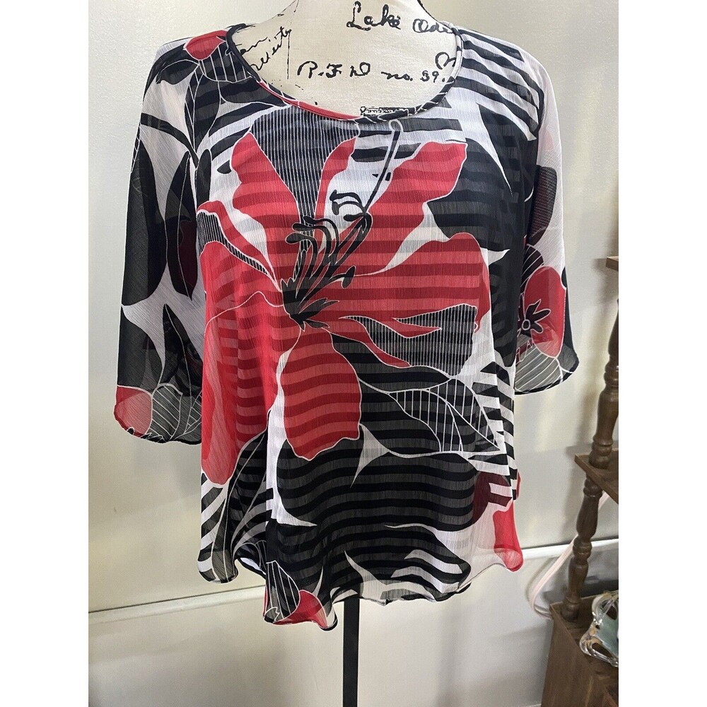 ALFRED DUNNER - WOMEN'S Red /Black Floral PRINT SHEER TOP W/ TANK - SIZE 12P
